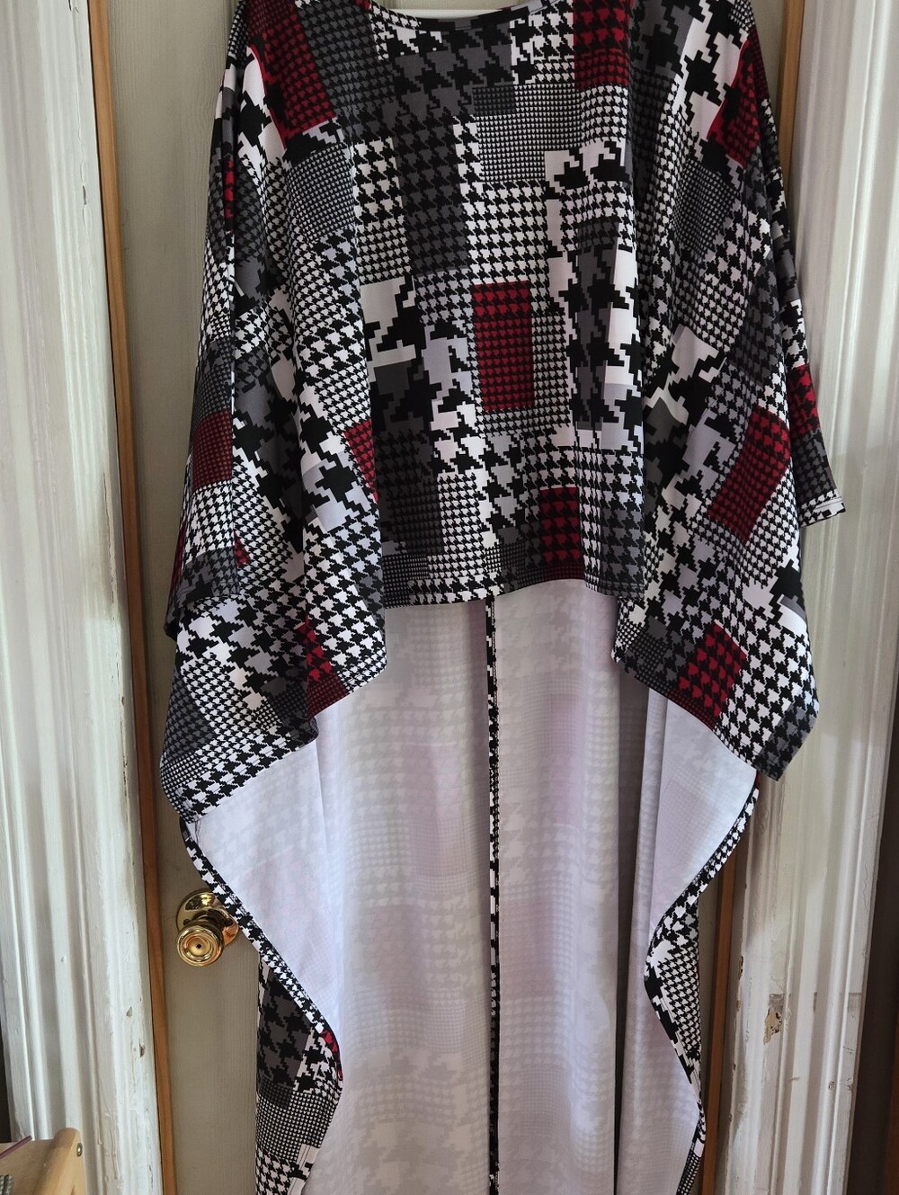 Ashley Stewart Black White and Red Patchwork Houndstooth Poncho